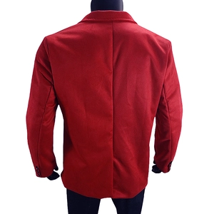 Rear view of slim fit burgundy men's suit jacket with single vent and buttoned cuffs