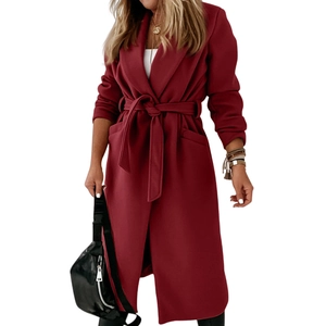 Elegant long dark red wool coat for women with waist belt and lapel collar for autumn