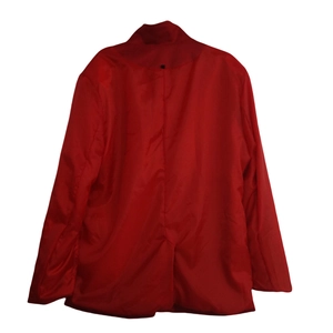 Rear view of a formal red blazer for men showing vertical back seam and tailored fit