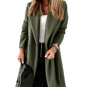 Elegant olive green long wool blend coat for women featuring a classic wide lapel collar