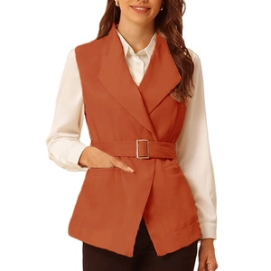 Damenweste in kräftigem Orange mit Gürtel und Reverskragen für einen Business-Look
