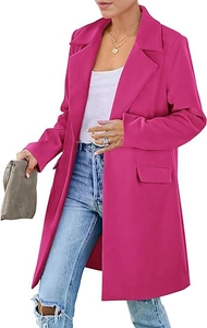 Detail of rose pink mid-length coat with notched lapel and side flap pocket accents