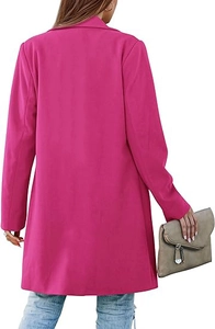 Back view of a long rose red blazer coat with a tailored fit and premium fabric texture