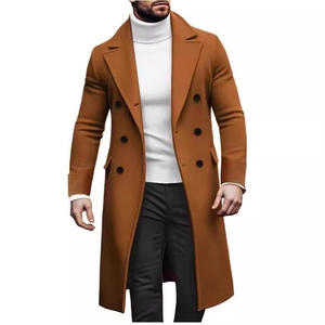 Men's double-breasted wool long coat in camel brown featuring classic notch lapels
