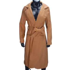 Detailed view of camel long wool coat featuring classic notched lapels and waist tie belt
