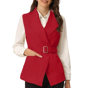 Eleganter roter ärmelloser Damenblazer mit Reverskragen und passendem Gürtel für Damen