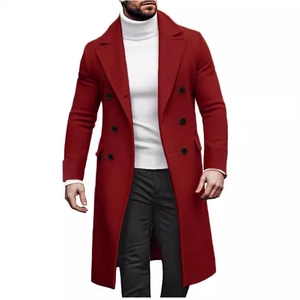 Men's long red wool coat with double-breasted buttons and classic notched lapels