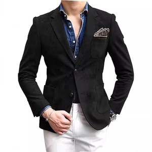 Men's slim fit black blazer with micro-velvet texture and stylish pocket square detail