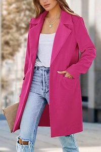 Detail of rose red longline wool coat featuring notched lapels and single button closure