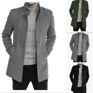 Men's mid-length wool coat with stand collar and epaulettes in grey, green, and black