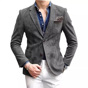 Slim fit dark grey suede blazer for men with notched lapels and two-button closure