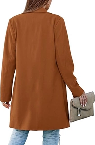 Back view of a long-sleeved caramel wool coat with sharp shoulders and clean tailoring