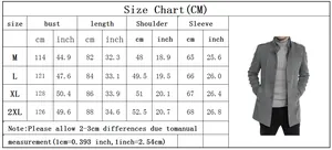 Size chart for men wool coat showing bust and length measurements in cm and inches