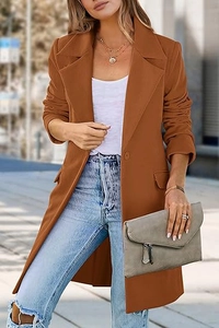 Detail view of a brown wool coat with lapel collar and single-button front closure
