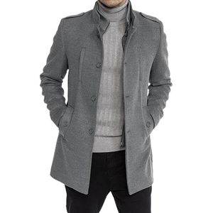 Men's wool blend coat in dark grey with stand collar and epaulettes in a slim fit style