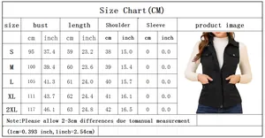 Detailed size chart for women's zip-up vest featuring measurements for S to 2XL