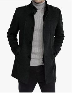 Detail view of black wool blend coat featuring standing collar and faux layered zipper