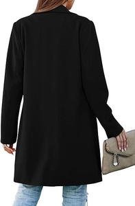 Rear view of a black mid-length wool coat with minimalist clean cut and smooth texture
