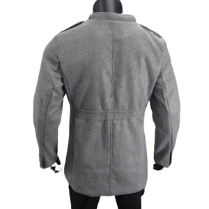 Back view of gray wool coat with military shoulder tabs and a tailored mid-length fit