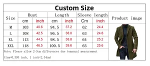 Size chart for men's wool blend coat jacket showing measurements in cm and inches