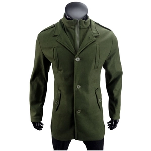 Detail of army green wool coat featuring shoulder epaulets and a layered zipper collar