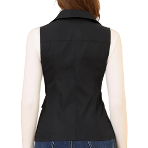 Back view of a tailored black women's sleeveless vest with flattering vertical seam lines