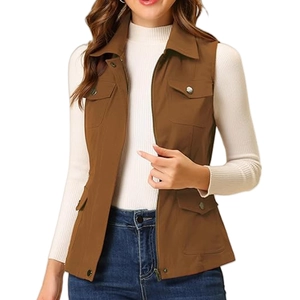 Women's utility vest in dark brown featuring four cargo pockets and a front metal zipper