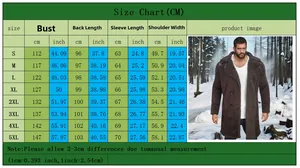 Detailed size chart for men faux shearling coat from S to 5XL with CM and Inch measurements