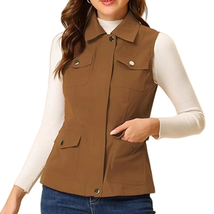 Close-up of caramel utility vest featuring four cargo pockets and durable twill fabric