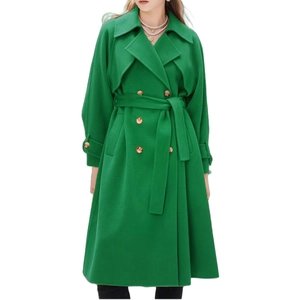 Détail du manteau long en laine vert avec revers larges et boutons marrons