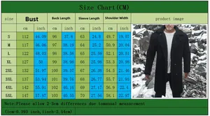 Men's suede winter coat size chart for S-5XL with chest, length, and sleeve measurements