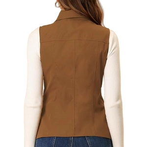 Back view of brown sleeveless zip-up vest with stand collar and vertical stitching