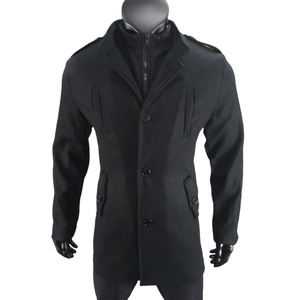 Detail of men's wool coat with double-layer false two-piece design and zipper inner collar