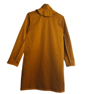 Back view of a long-sleeved mustard yellow wool coat with a classic collar and thick fabric