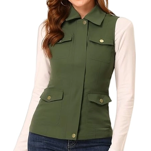 Detail of army green utility vest featuring four cargo pockets and gold metal buttons