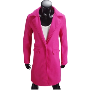 Detailed front view of a vibrant magenta wool coat featuring lapels and flap pockets