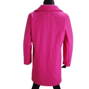 Back view of a rose red mid-length wool coat with a classic collar and straight silhouette