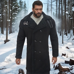 Men's double-breasted black faux suede and fur coat with lamb wool lining in winter forest