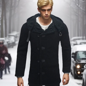 Dettaglio del cappotto invernale in pelle scamosciata con collo in peluche nero e bottoni