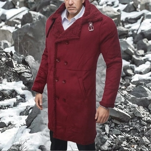 Men's burgundy winter coat with faux fur collar and classic double-breasted buttons