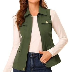 Detail shot of the army green utility vest featuring four flap pockets and a zipper closure