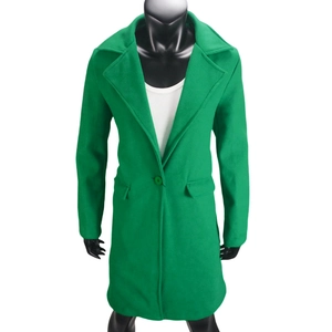 Detail of green wool blend coat featuring classic lapels and single button closure