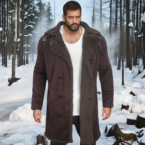Detail view of winter brown suede coat with thick faux fur lining and shearling collar