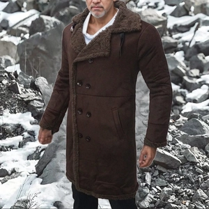 Men's winter long faux suede coat with sheepskin fleece lining and double-breasted closure