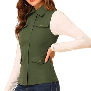 Close-up of military green utility vest featuring four cargo pockets and metal buttons