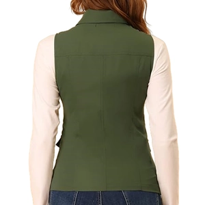 Back view of a dark green slim fit women's vest with a clean tailored waistline