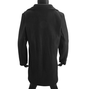Back view of a long black wool blend coat with elegant H-line cut and lapel detail