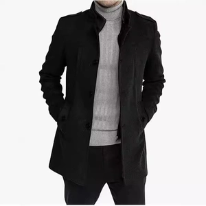 Men's wool blend overcoat with a stand collar and epaulettes in a classic black finish