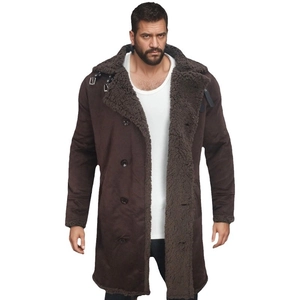 Men's brown faux suede shearling jacket with double-breasted buttons and thick fur lining