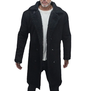 Men's double-breasted faux suede long coat with warm shearling collar in deep black